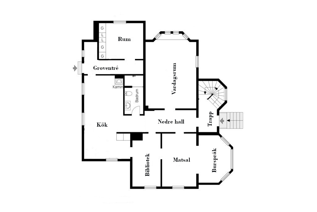 Villa Alicero planlösning plan 1 - Husets ursprungliga arkitektur och rumslayout från 1908